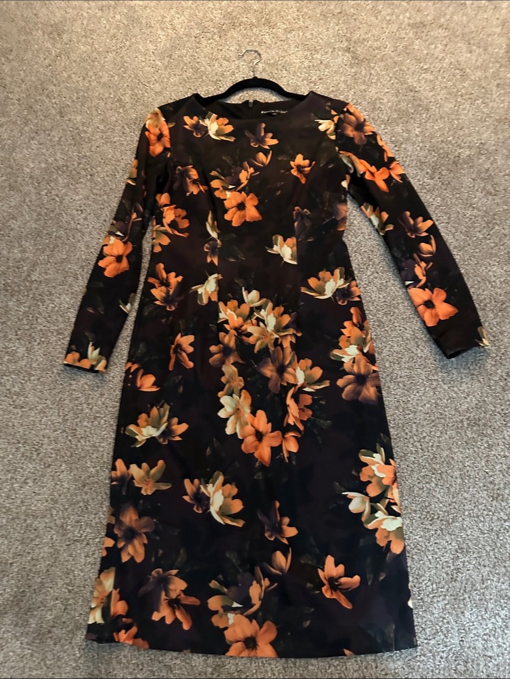 Preston & York Deep Maroon Long-Sleeve Midi Dress with Orange Floral Print